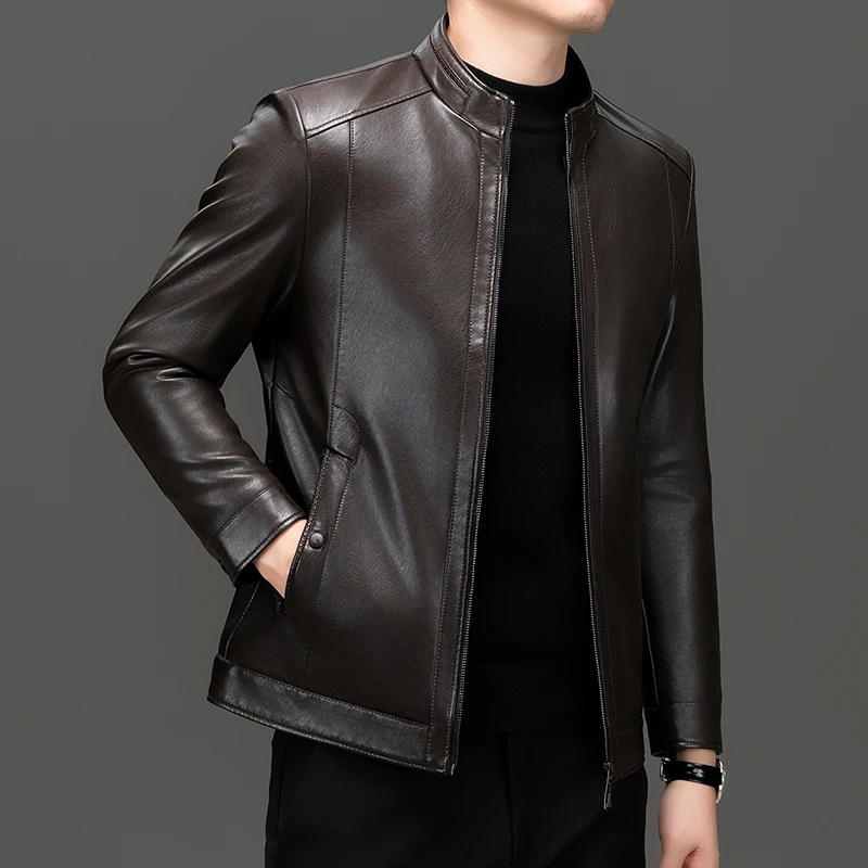 Stylish Men Autumn PU Leather Jacket Stand Collar Zip Front Faux Fur Coat Male Effortless Outerwear Fitting Outfit Smart Casual