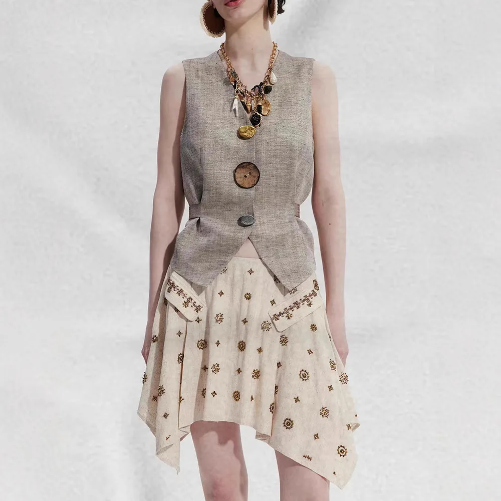 British art-inspired strap casual raw linen waistcoat