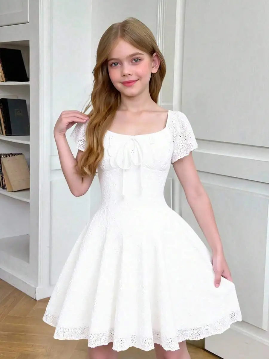 

White Eyelet Lace A-Line Mini Dress With Bow Decor Short Sleeve Square Neck