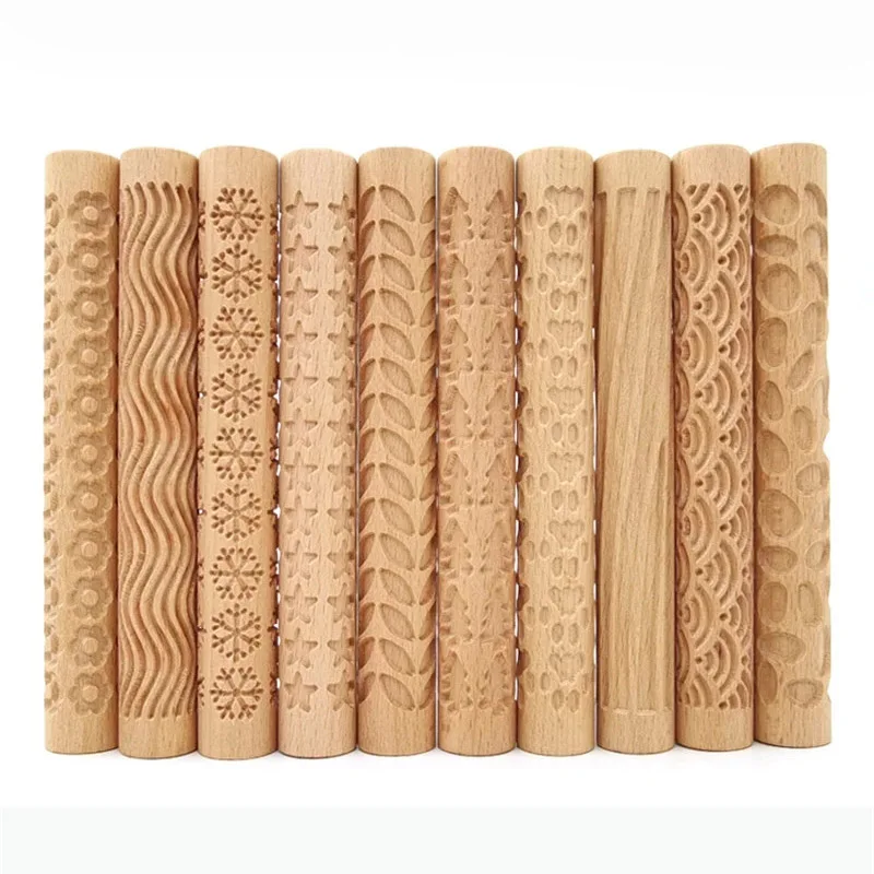 3D Embossed Pottery Styling Tools Wooden Hand Pressure Roller Home Kitchen Baking Pie Cookie Rolling Pin Handmade Tools Supplies