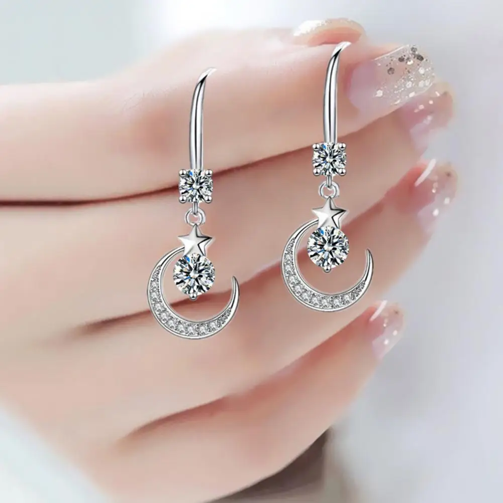 Moon Earrings Moon Star Cubic Zirconia Earrings Polished Drop Jewelry Women’s Hook Hanging Earrings for Prom Party Dating