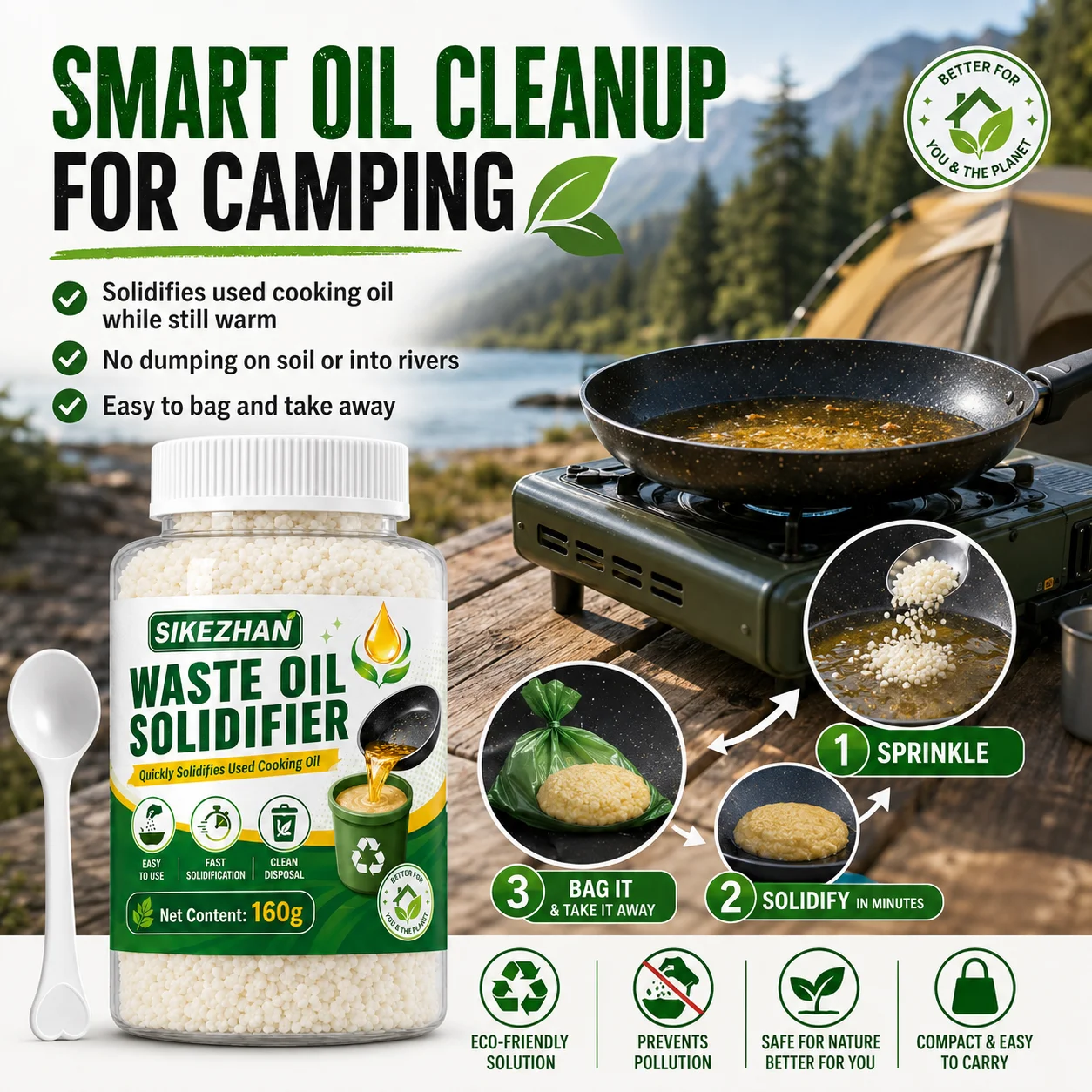Eco-Friendly Waste Cooking Oil Solidifier Powder Outdoor Camping RV Picnic Fast Hardener Easy Safe Disposal Kitchen Tool 160g