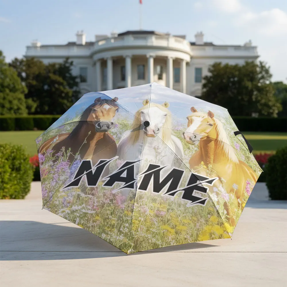 Custom Name Umbrella Three Horses In Wildflower Meadow Countryside Print Compact Folding Travel Parasol Nature Animal Art Gift