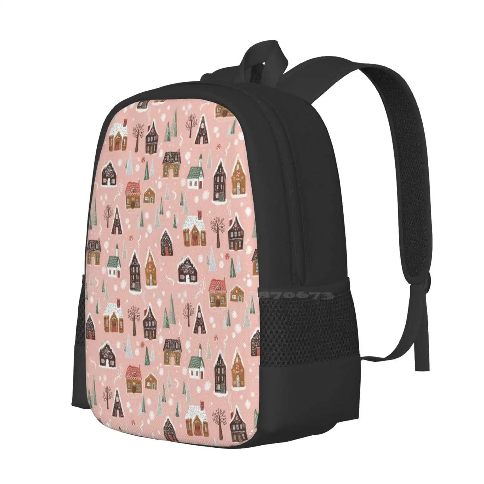 Gingerbread Village Hot Sale Schoolbag Backpack Fashion Bags Pink Whimsical Handmade Gingerbread House Holidays Tradition