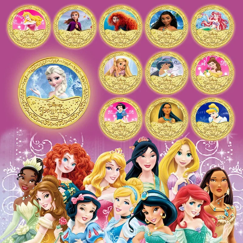 Disney Princess Commemorative Coin Ariel Belle Snow White Anna Elsa Action Anime Figure Coin Cute Cartoon Ornament Children Gift