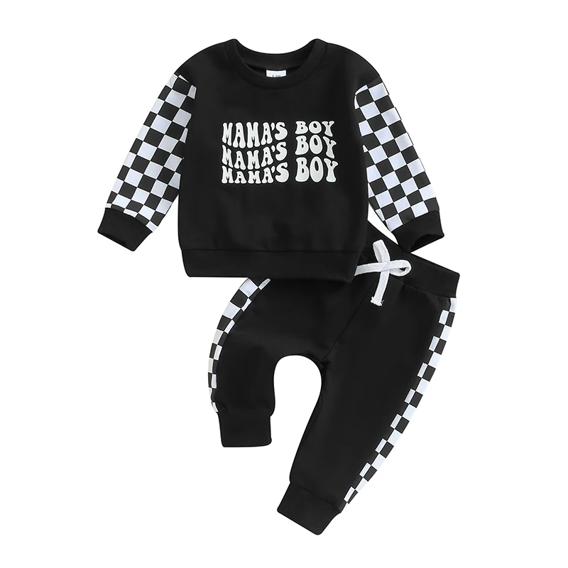 

Baby Boys Pants Set Long Sleeve Crew Neck Letters Print Sweatshirt with Plaid Sweatpants Infant Clothes