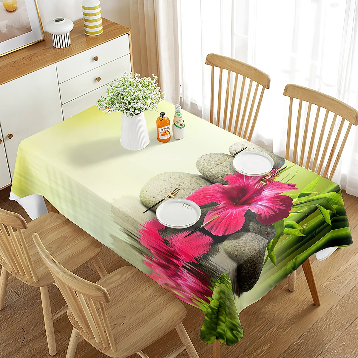 Imagen 5: Mantel rectangular con diseño de plantas y flores Zen, cubierta para mesa de centro, comedor, cocina, sala de estar, decoración para picnic