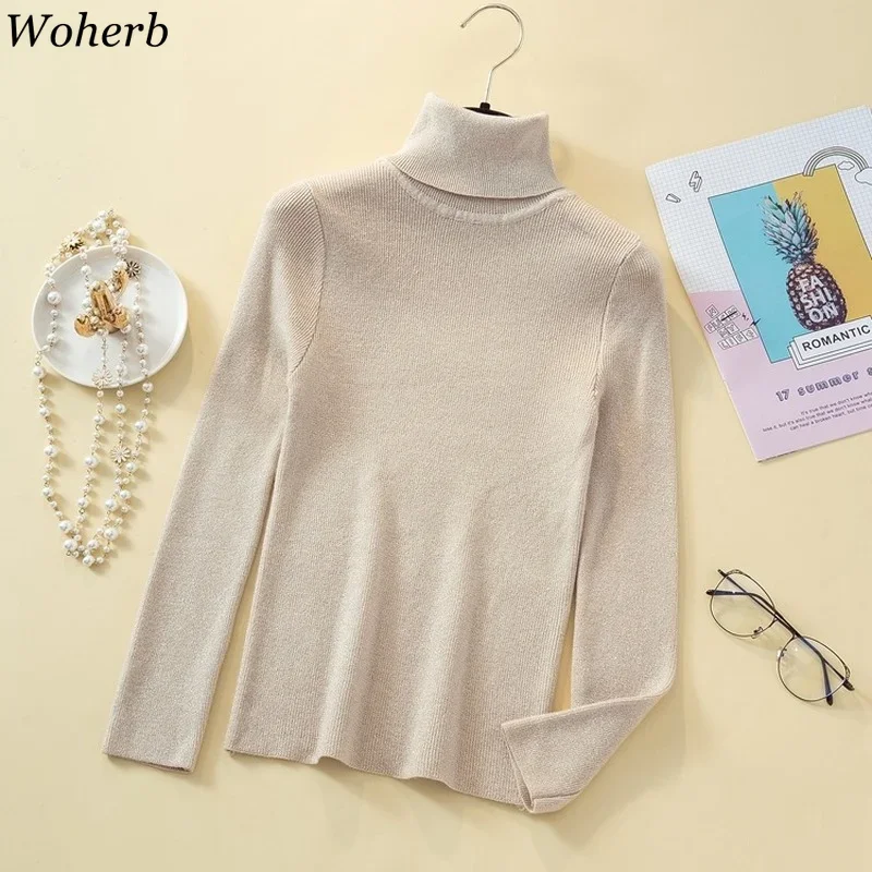 Woherb Turtleneck Women Pullover Glitter Sweater Spring Jumper Knitted Basic Top Fashion Autumn Korean Ladies Clothes 2024