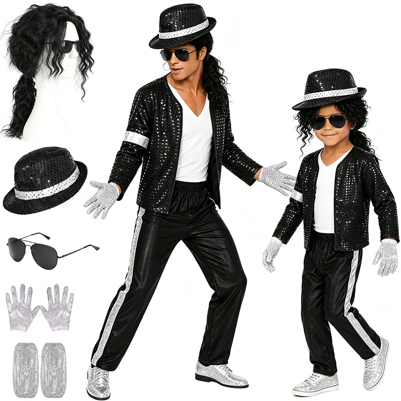 Disfraz de Cosplay de Jackson, Estrella del Pop de los 80s y 90s, para Adultos y Niños, Disfraz de Halloween, Carnaval, Actuación en Escenario, Baile Hip Hop, Ropa Familiar a Juego