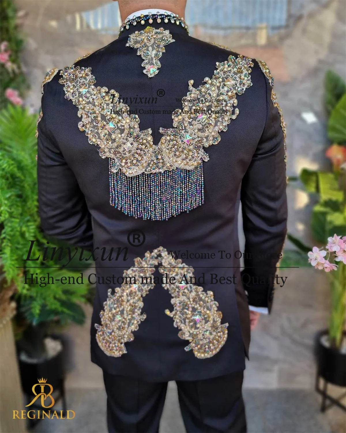 Luxury Beaded Crystals Men Suit Appliques Lace Groom Tuxedo 3 Pieces Sets Wedding Male Prom Blazers Customized Costume Homme