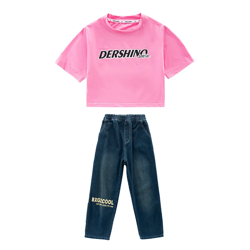 Vêtements Hip Hop pour enfants, T-shirt à manches courtes, haut court, pantalon en denim décontracté pour fille, costume de danse pour adolescent, vêtements de scène modernes, 4-16 ans