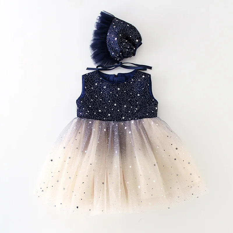 Galaxy Baby Girls Party Gown Toddler Newborn Baptism Dress Infant Birthday Wedding Christmas Costume with Hat for 1-2Y