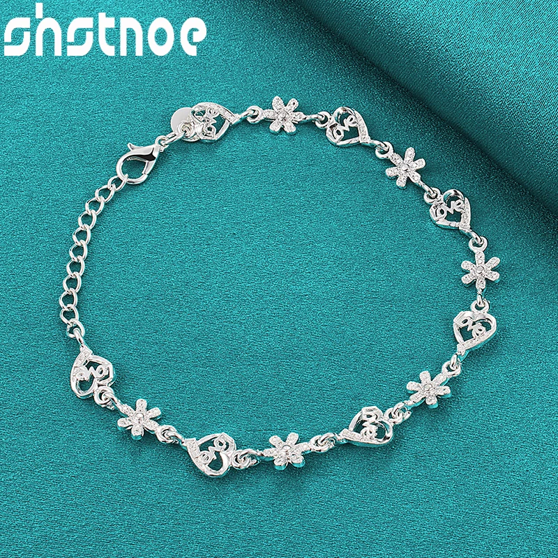 

SHSTONE New 925 Sterling Silver Bracelets For Women Party Wedding Chain Bangle Girls Christmas Fashion Love Heart Flower Jewelry