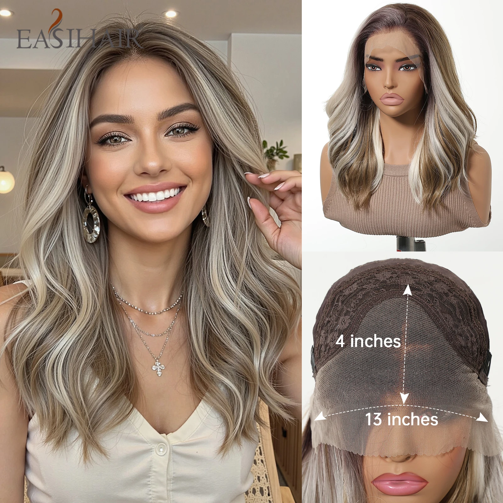 

EASIHAIR Brown Blonde Highlights Synthetic Wigs for Women 16 Inches Medium Length Wavy Curly Wigs 13*4 Lace Front Wigs Daily Use