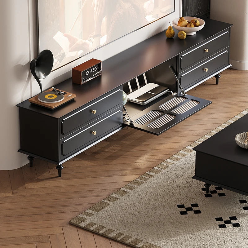 

American TV Cabinet Living Room 2025 New Downturn Door Storage Cabinet with Drawer Storage High Foot Black TV Cabinet