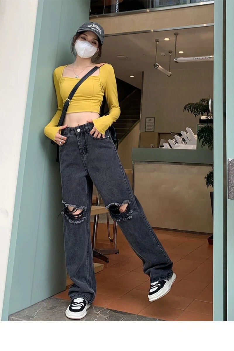 

Женские джинсы Y2k, черные джинсовые брюки с высокой талией, прямые брюки, свободный крой, повседневные широкие брюки, уличная одежда в стиле ретро