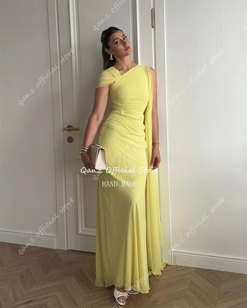 Qanz Formal Chiffon Arabic Evening Dresses One Shoulder Floor Length Abendkleider Dubai Elegant Mermaid Party Dresses Customized