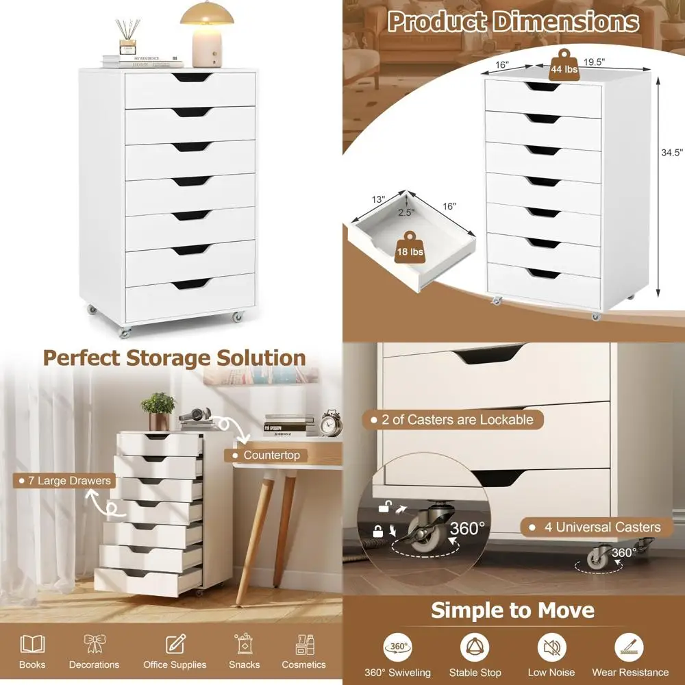 خزانة ملفات متنقلة مع 7 أدراج - منظم جانبي على عجلات لحلول تخزين المكاتب المنزلية