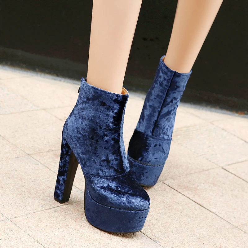 Platform Women Ankle Boots Fashion Velvet High Heels Boots Female Sexy Round Toe Nightclub Party Ladies Shoes Large Size 45