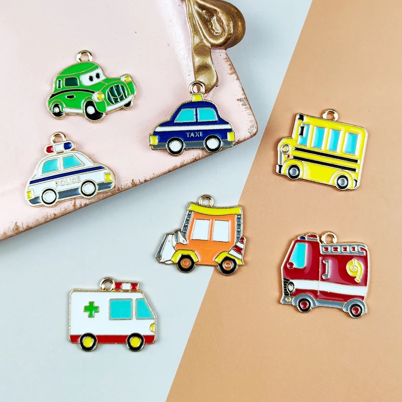 10pcs Cartoon Car Enamel Metal Charms School Bus taxi Pendants For Jewelry Making Cute Earring Dangle Wholesale