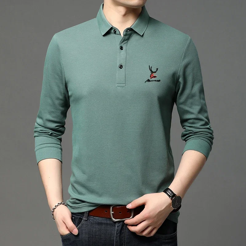 New Men\'s Casual Embroidery Long Sleeve Polo Shirt Fashion Solid Color Top