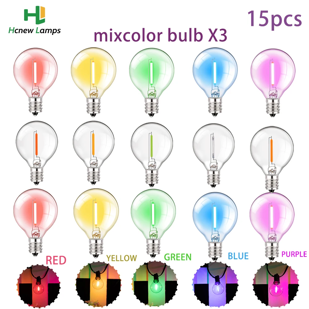 15PCS Vintage RGB String Light Replacement Bulbs E12 Socket 220V 110V G40 1W LED Light Bulb for Street Garland Patio Party Decor