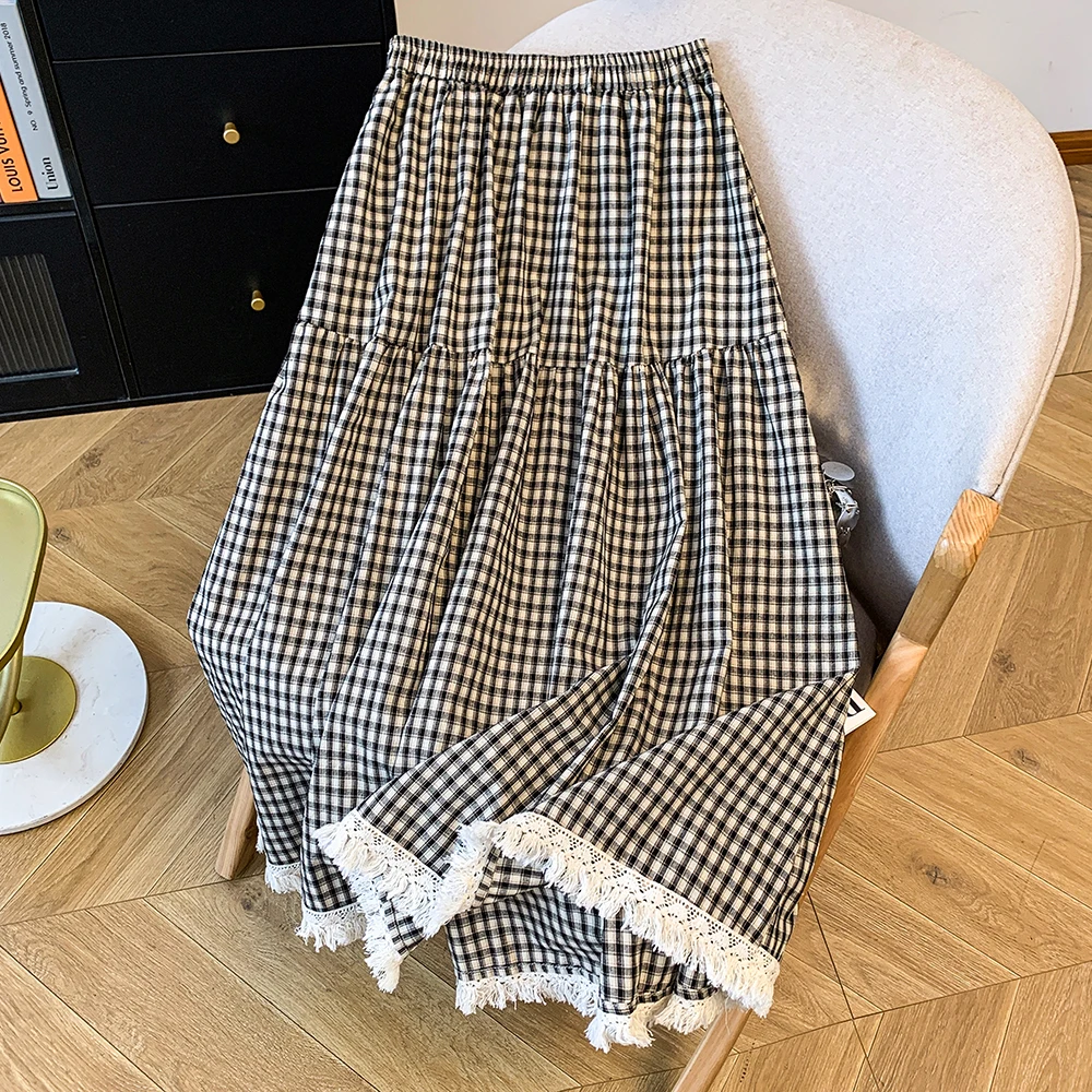 

Fashionable Plaid Splicing A-Line Skirt Versatile Early Spring New Style Small Size Friendly Classic Checkered Skirt