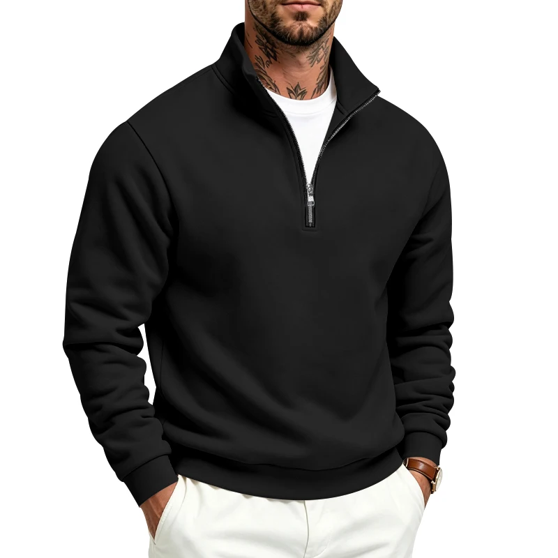 Herren-Sweatshirt mit Fleecefutter für Herbst und Winter, Stehkragen, halber Reißverschluss, langärmelig, einfarbig, warme Freizeitjacke – Detail 36