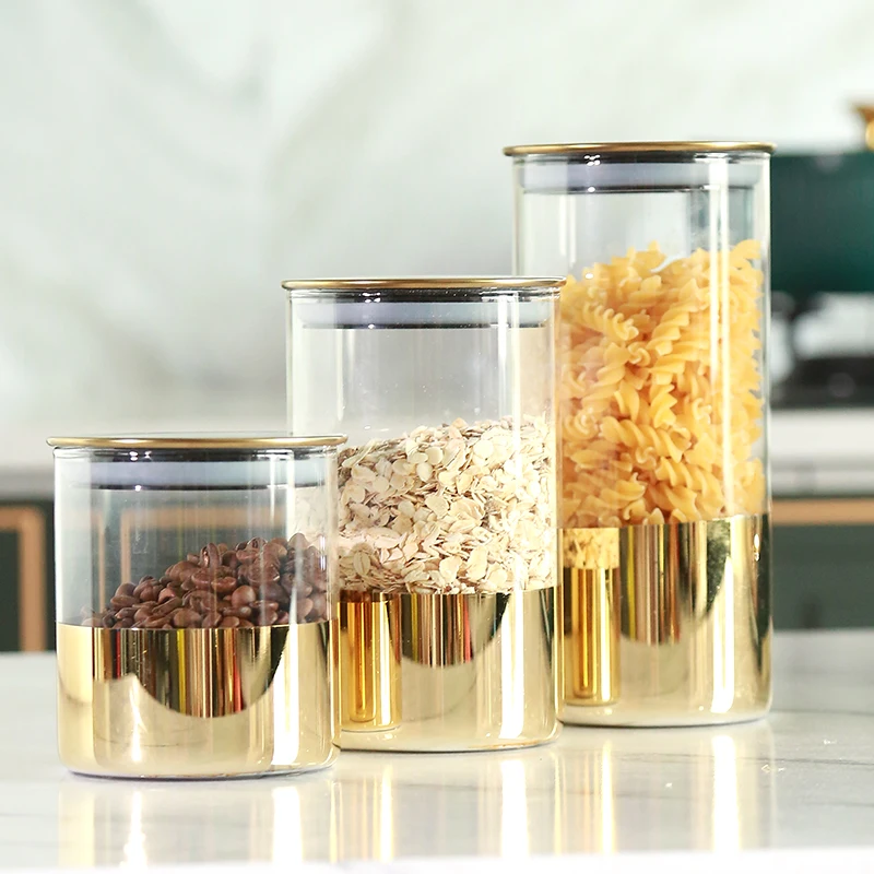 Golden Storage Sealed Glass Jar With Cover Coffee Bean Food Fruit Tank Metal Container Kitchen Grain Storage Jar