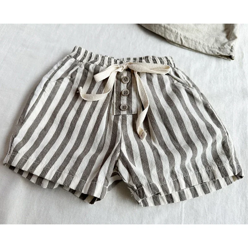 New0-3Yers Vintage Linen Cotton Baby Boys Stripe Shorts Casual Buttons Pocket Design Baby Short Pants for Toddler Girls Clothing