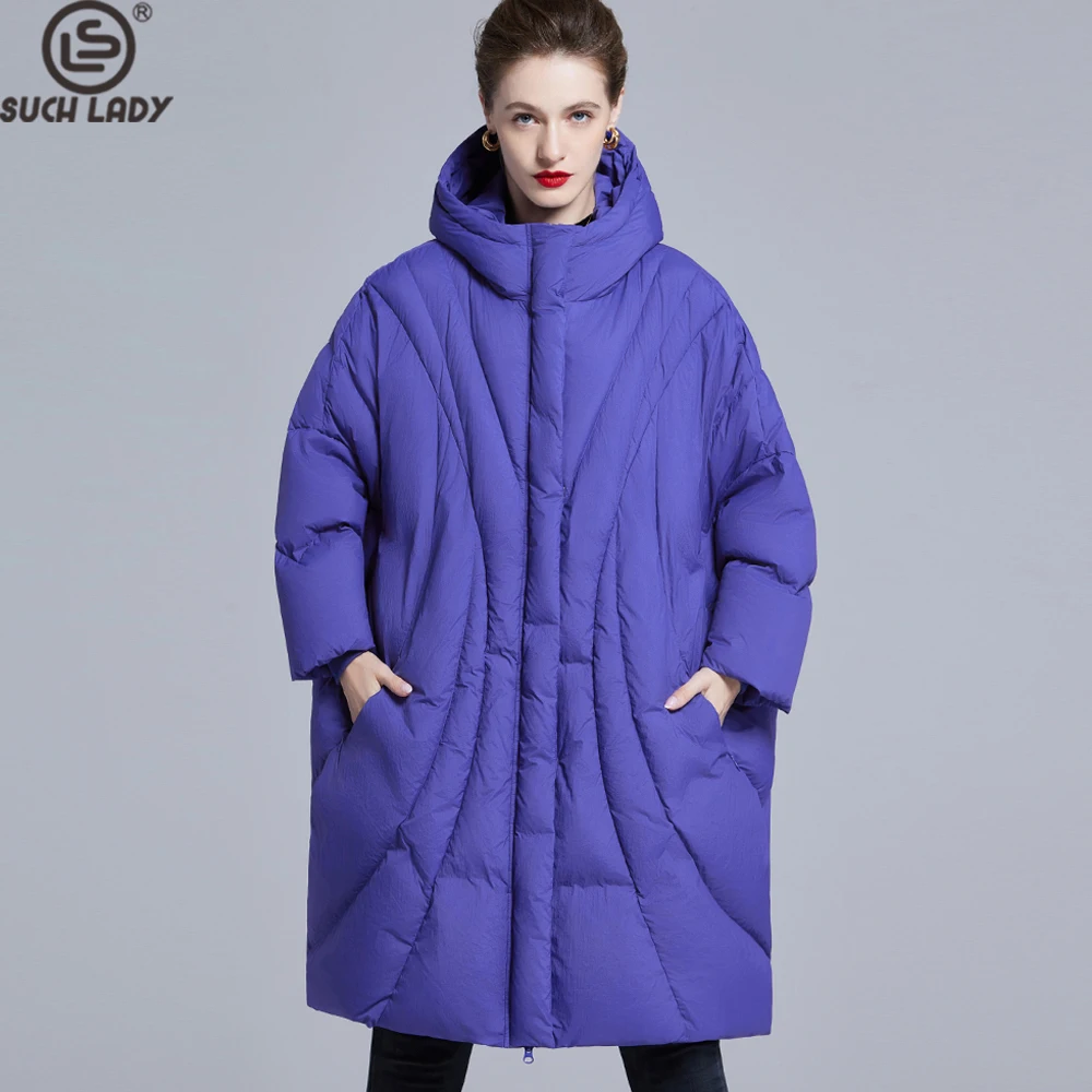 Casaco feminino oversized com capuz, parka de inverno acolchoada com preenchimento de penas roxas e bolsos laterais, elegância minimalista quente