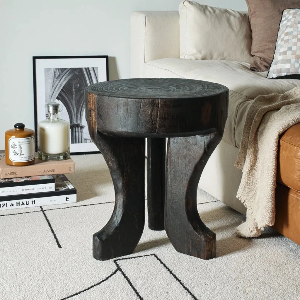 Coffee table, few corners, three legs, wooden stool, B & B hotel, solid wooden stakes, black soft decoration, retro style