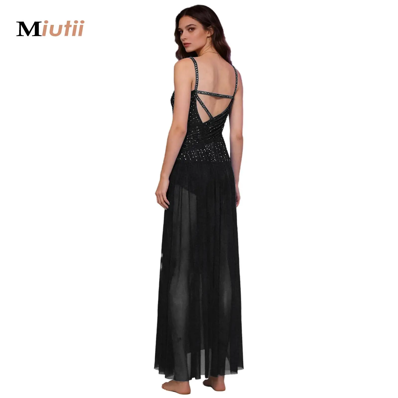 

Women Shiny Rhinestones Gymnastics Artistic Figure Skating Performance Costume Side Split Modern Lyrical Ballet Dance Long Dress