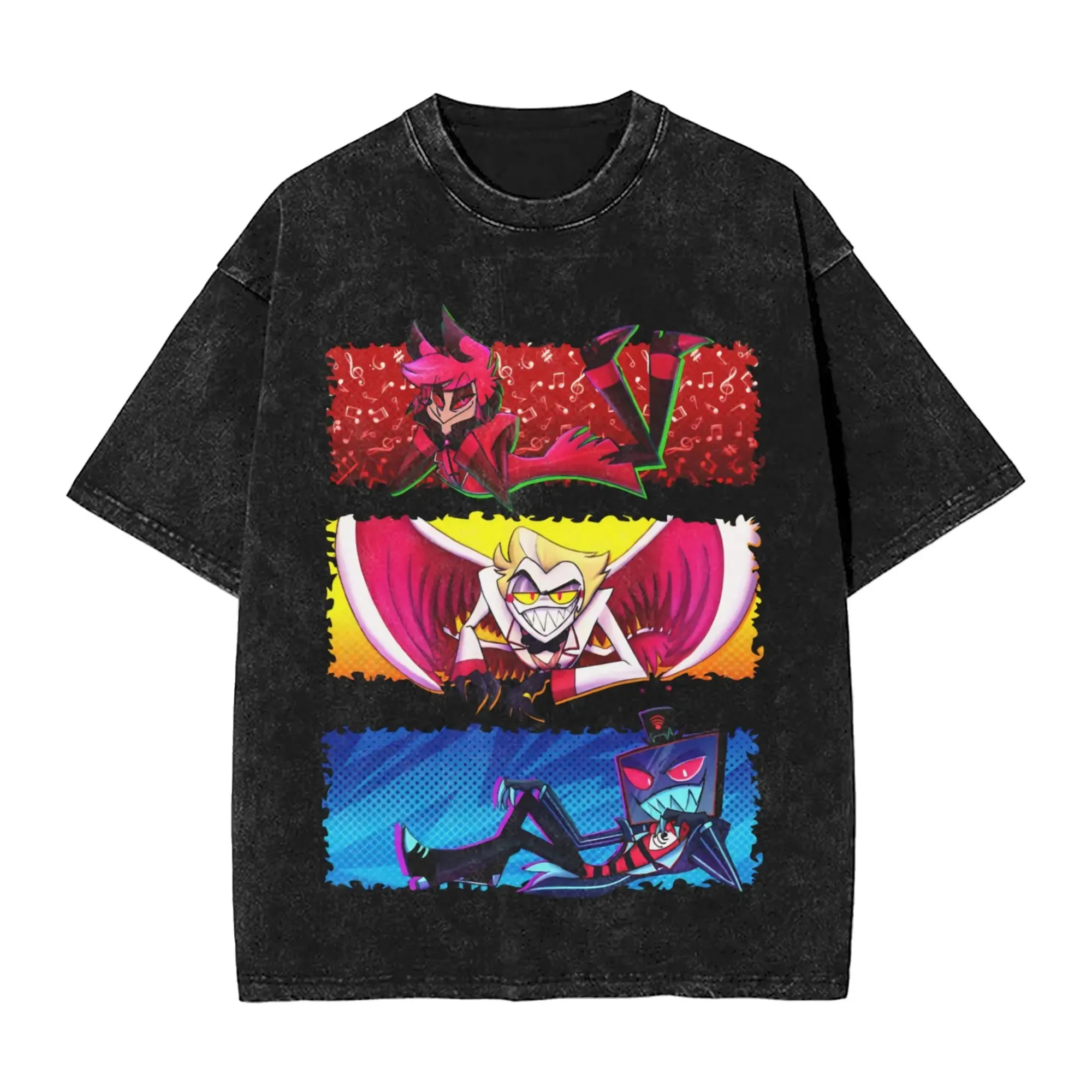 Custom Top Anime Hazbin Hotel Lucifer Morningstar Manga Graphic Print Tshirt Men Women Summer Vintage Washed O-neck Cotton Tee