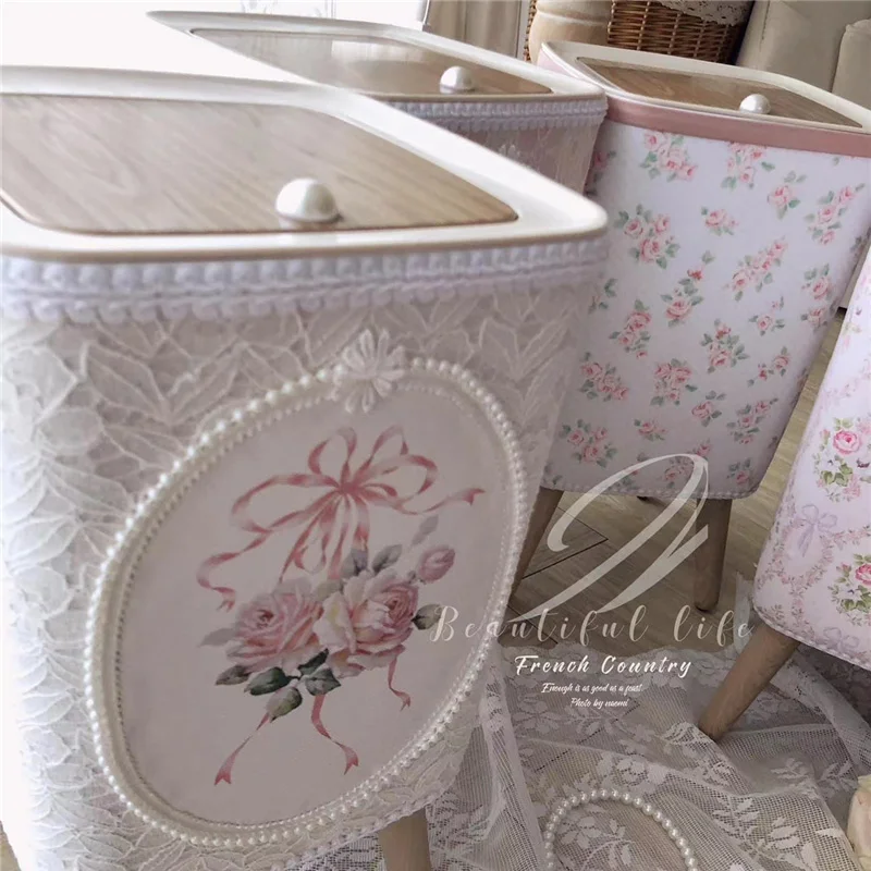 Retro Lace Storage Bucket Home Decor Livingroom Kitchen Diningroom Large Capacity Trash Can Press Lid Roses Storage Bucket