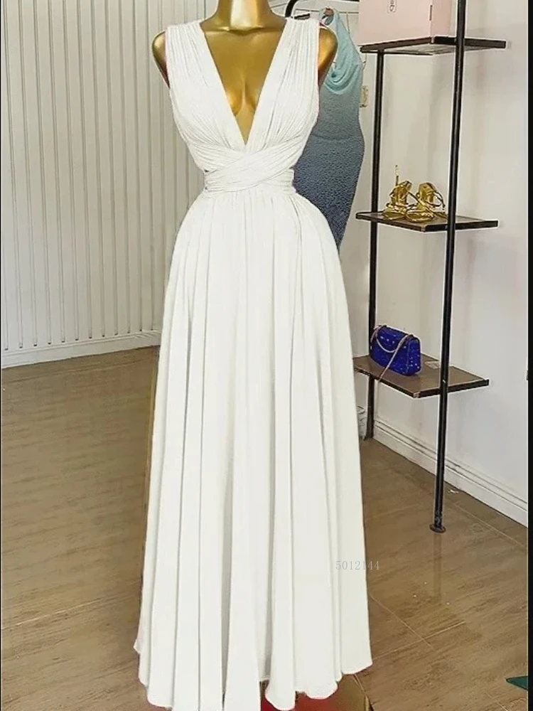 2025, neue Damen-Kleid, ärmellos, Ausschnitt, Rückenwickel, V-Ausschnitt, plissiert, A-Linie, Chiffon, Maxi-langes Kleid, Geburtstag, Urlaub, sexy Partykleider