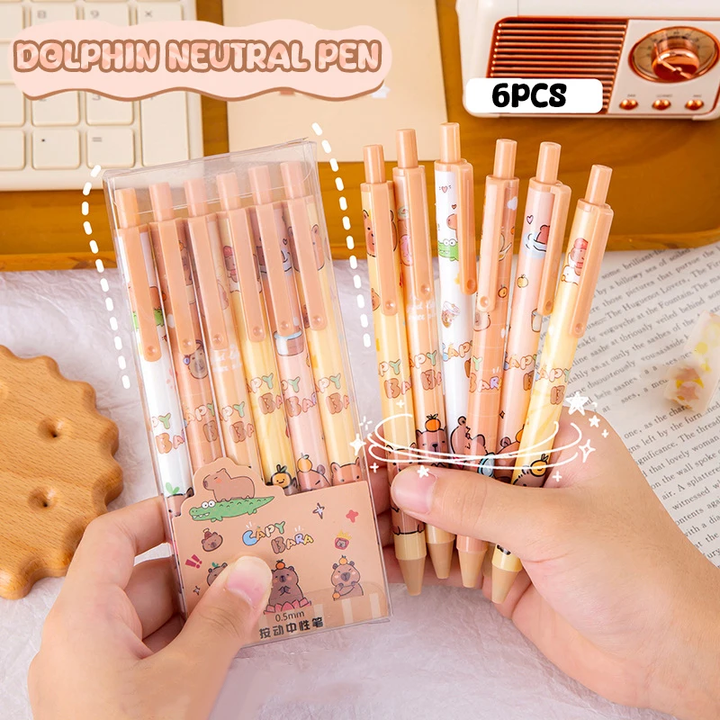 6Pcs Cute Cartoon Capybara Gel Pen Writing Smooth Quick-Drying Neutral Pens School Supplies Kawaii Student Stationery Gifts