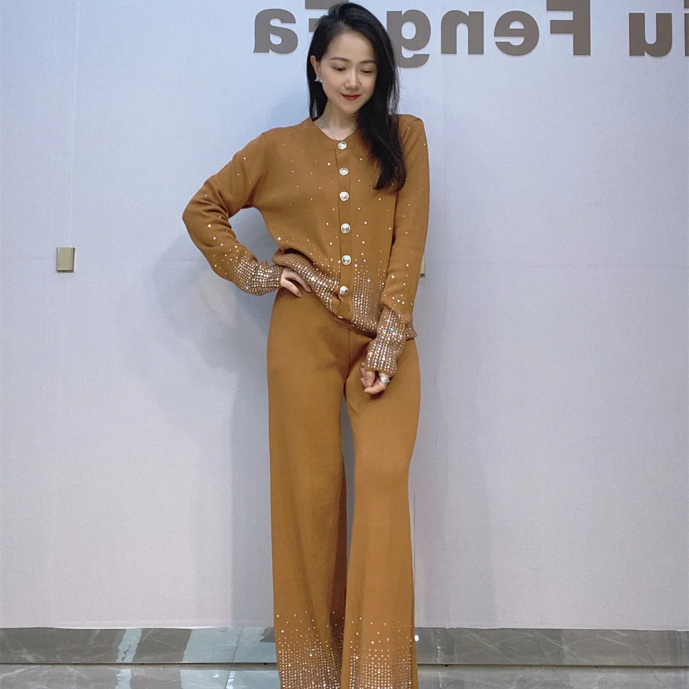 Women Diamond Beaded Knitted Cardigan Hot Drilling Rhinestones Sweater Coat Long Sleeve Knitwear Tops + Wide Legs Pants 2Pcs Set view 5