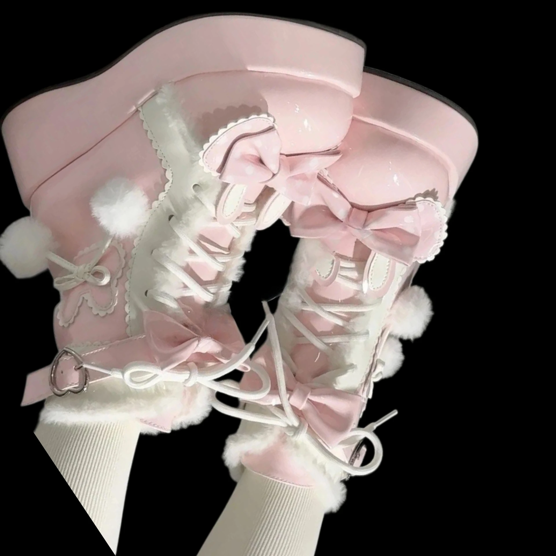 

Original Lolita Sweet Short Cute Snow Boots Elegant Thick Sole Shoes Autumn Winter Fleece Lined Mid-Calf Boots for Women