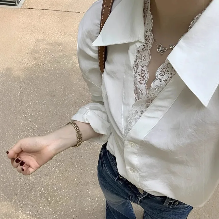 2026 New Spring Women White Lace Spliced V Neck Fake Two Piece Shirt Unique Chic Design Elegant Casual Blouse Top