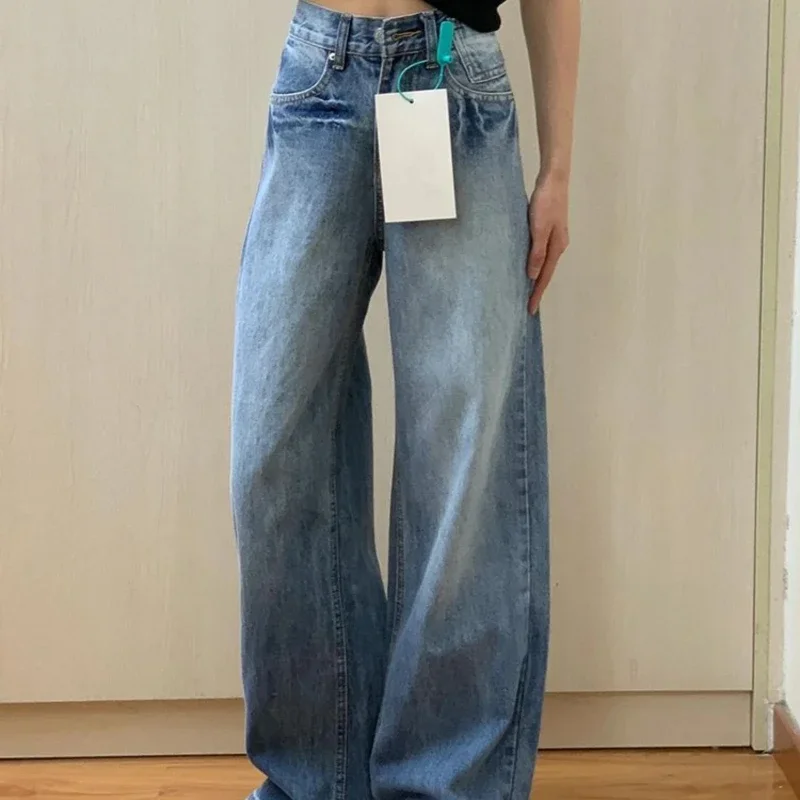 Jeans da donna retrò Pantaloni da cowboy a gamba larga per donna Pantaloni a vita alta aderenti lucidi di tendenza media 2025 Emo Novità in ufficio R