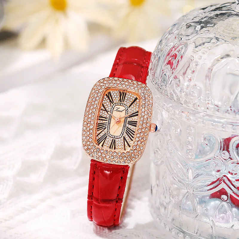 Women's Full Diamond Small Barrel Quartz Watch Featuring Retro Roman Numeral Dial Light Luxury Design with Genuine Leather Strap