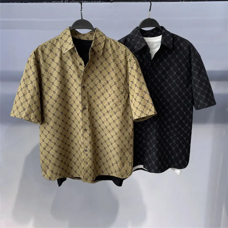 

2024 Summer Men's Shirt Loose Korean Style Trendy Student Fashion Handsome Print All-Match Short Sleeve Shirt Men