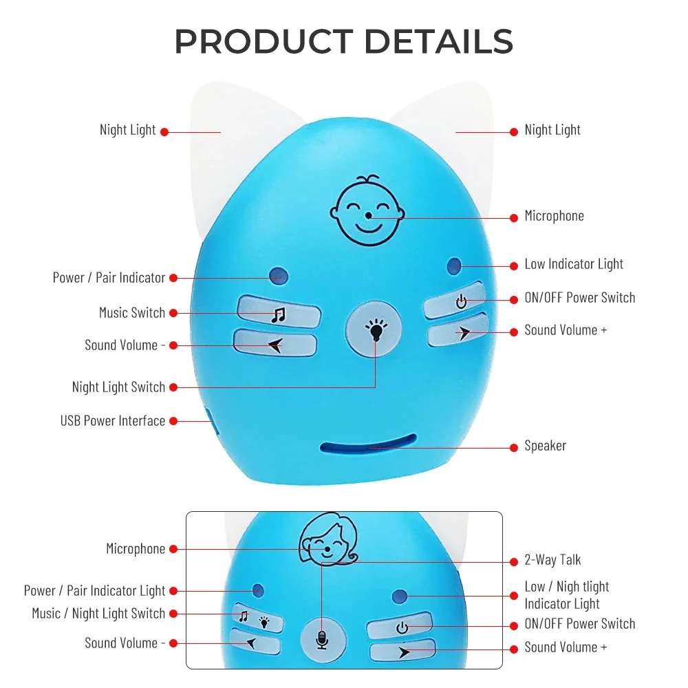 Wireless Baby Monitor Two-Way Audio Monitor Walkie Phone Alarm with Night Light Music Kids Babysitter Radio Bebe Nanny Intercoms