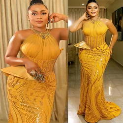 2024 Plus Size Mermaid Yellow Prom Dresses Beaded Sequined Evening Formal Party Second Engagement Birthday Gowns Dress Z24