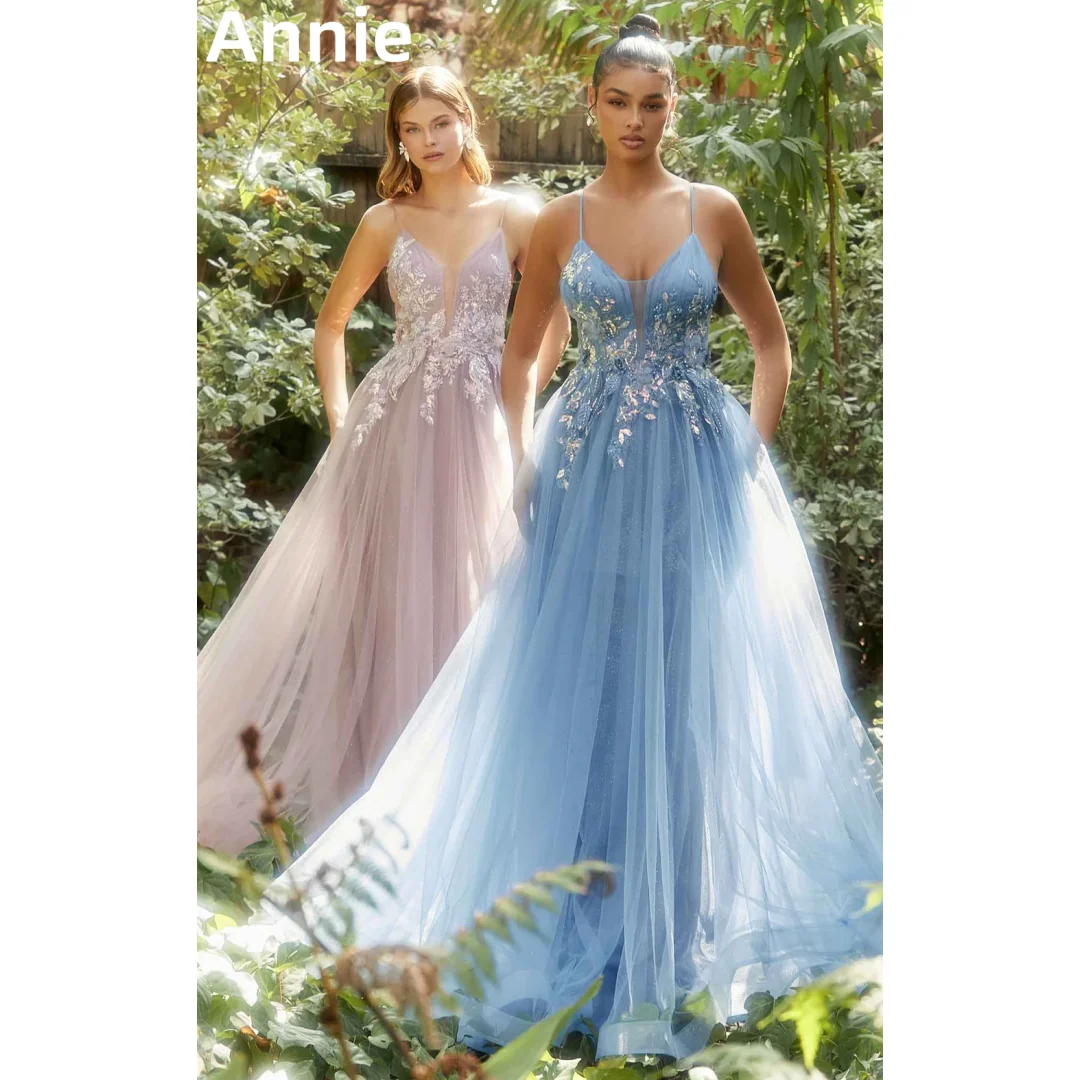 

Annie Glitter Lace Appliqué Prom Dresses Spaghetti Straps Tulle Evening Dresses A-shaped Party Dresses 2024Vestidos De Noche