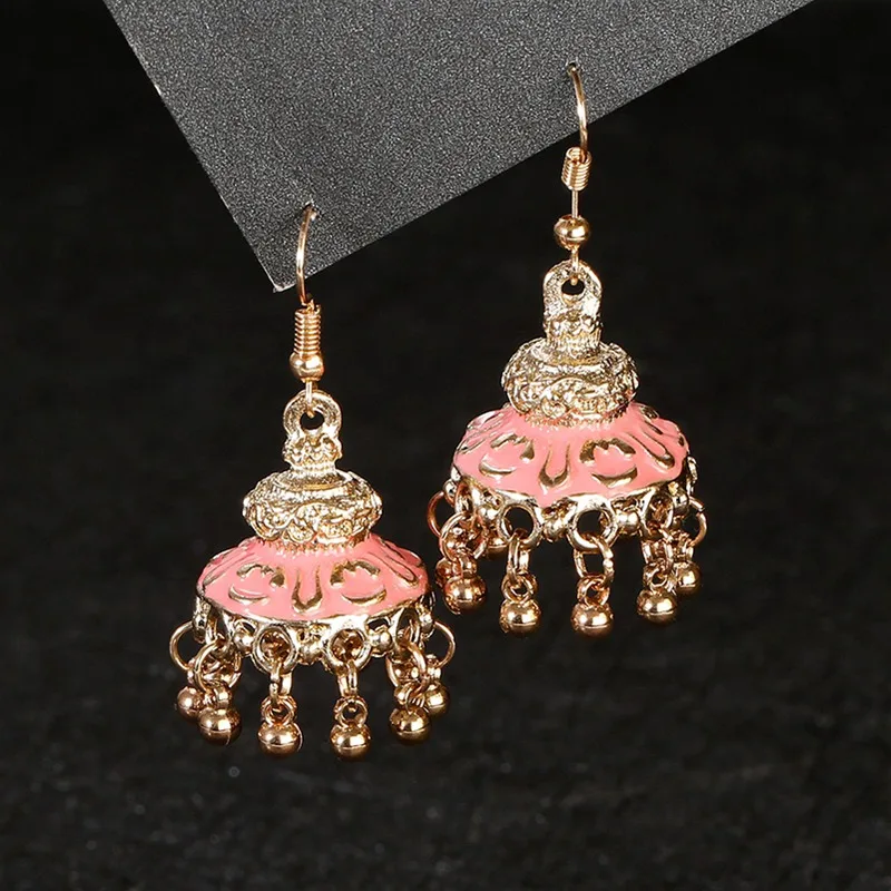 Boho Gypsy Pink Dripping Oil Indian Earrings Womens Jewelry Retro Bell Tassel Jhumka Earrings Orecchini