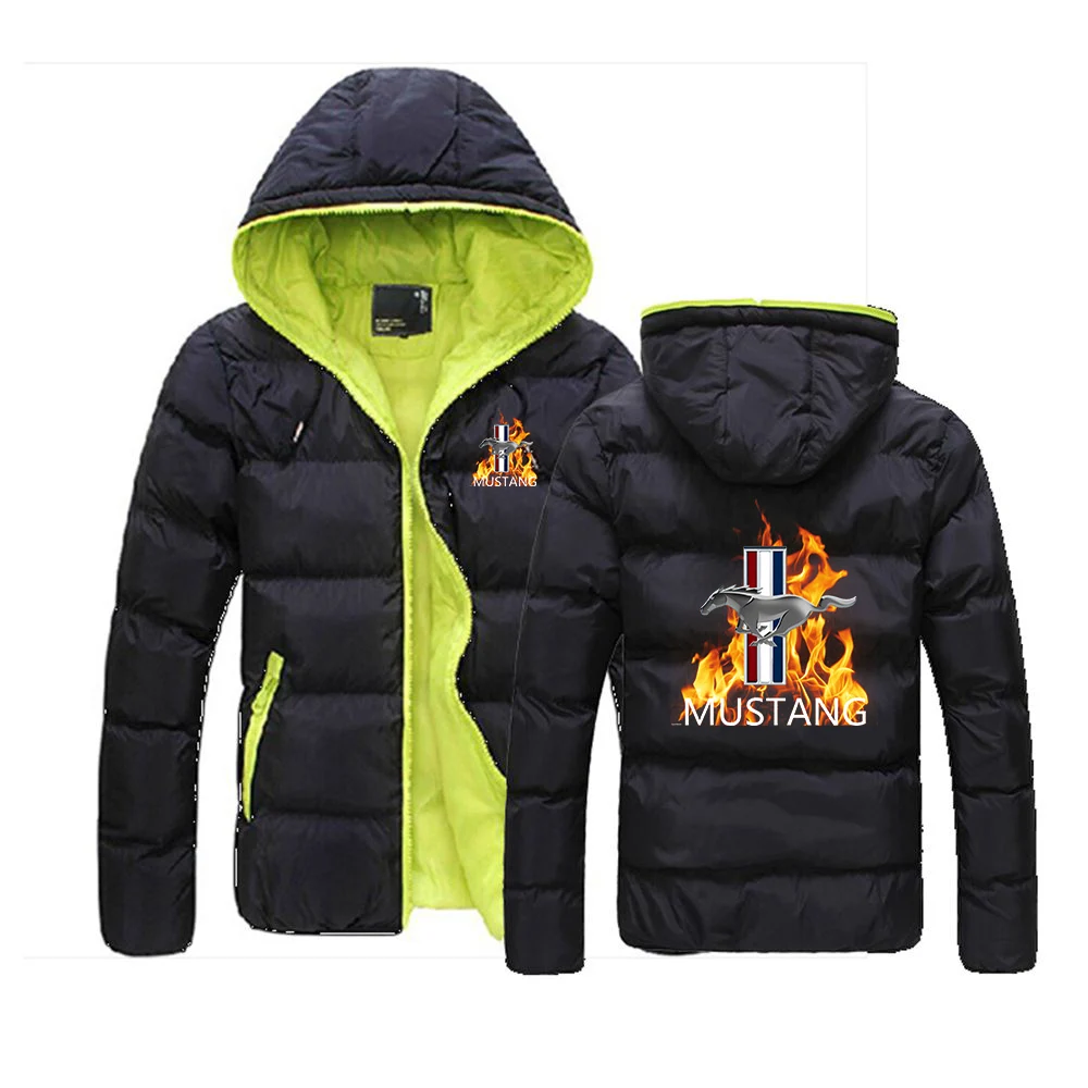 Mustang Printing Men Winter Casual Coats Color Collision Zipper Warm Hoodie Windproof Cotton-padded Jacket Windbreaker Parkas