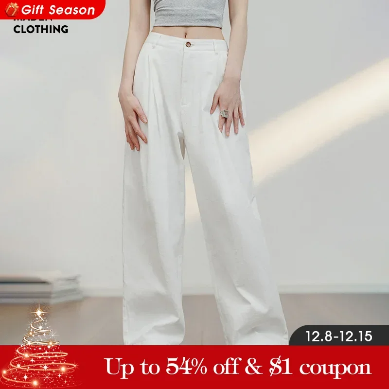 Maden White Cotton Casual Pants for Women Loose Straight Cargo Pants Versatile Wide Leg Pants Summer Streetwear Trousers