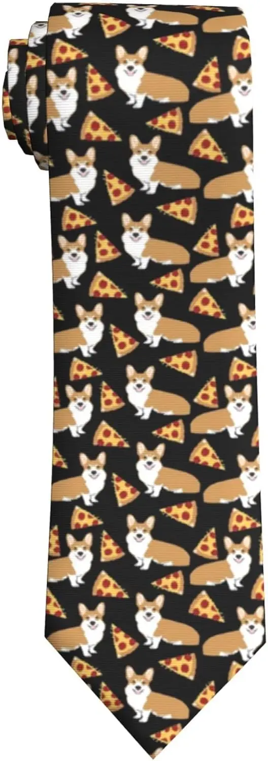 Corgi Pizza Pattern Men Novelty Neckties Dog Seamless Pattern Fashion Neck Tie Print One Size